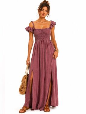 Raviya Maroon Smocked Maxi Dress Boho Off Shoulder Cottagecore Beach Vacation